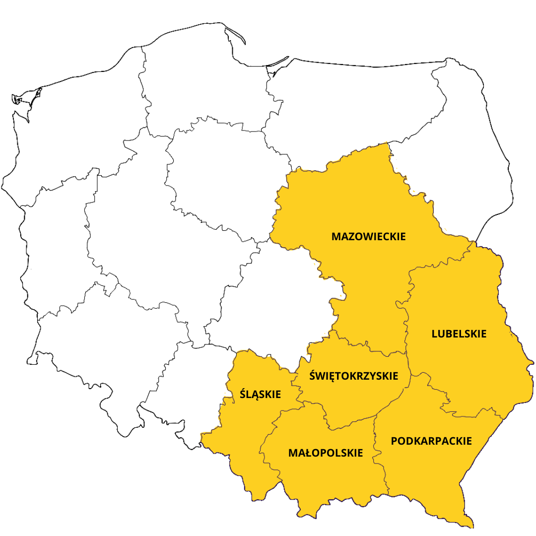 Mapa Polski z zaznaczonymi na żółto województwami: mazowieckim, lubelskim, świętokrzyskim, małopolskim, podkarpackim i śląskim.