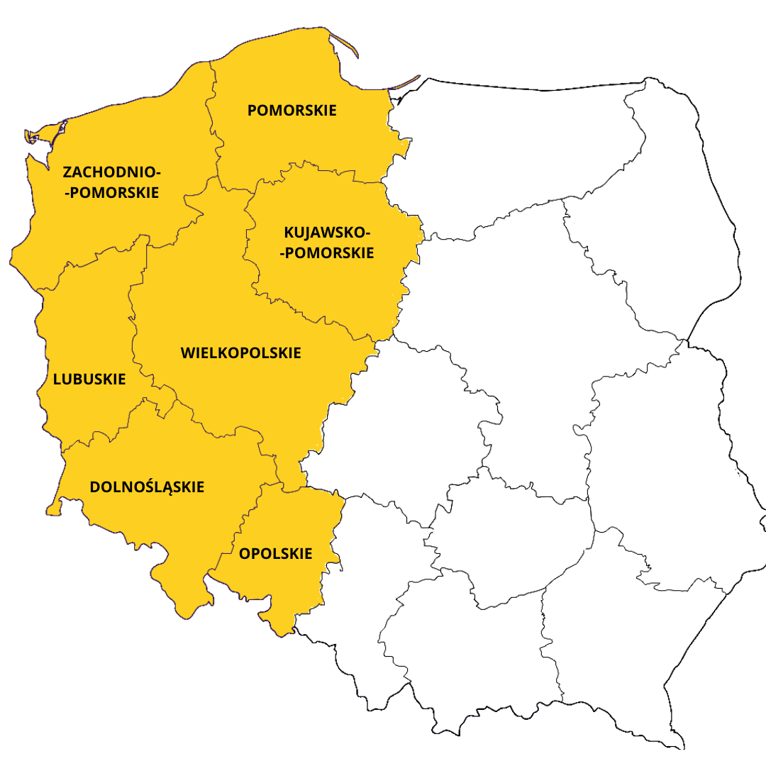 Mapa Polski z zaznaczonymi na żółto województwami: Pomorskie, Zachodniopomorskie, Kujawsko-Pomorskie, Wielkopolskie, Lubuskie, Dolnośląskie i Opolskie. Pozostałe obszary są w kolorze białym.