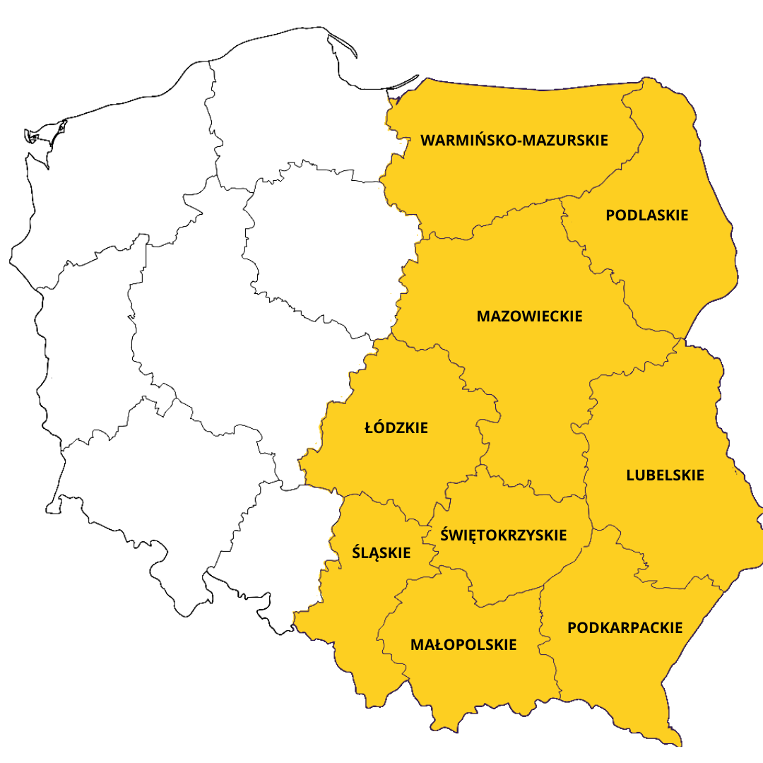 Mapa Polski z wyraźnie zaznaczonymi na żółto województwami: Warmińsko-Mazurskim, Podlaskim, Mazowieckim, Łódzkim, Lubelskim, Świętokrzyskim, Małopolskim, Śląskim oraz Podkarpackim. Część mapy pozostała biała.