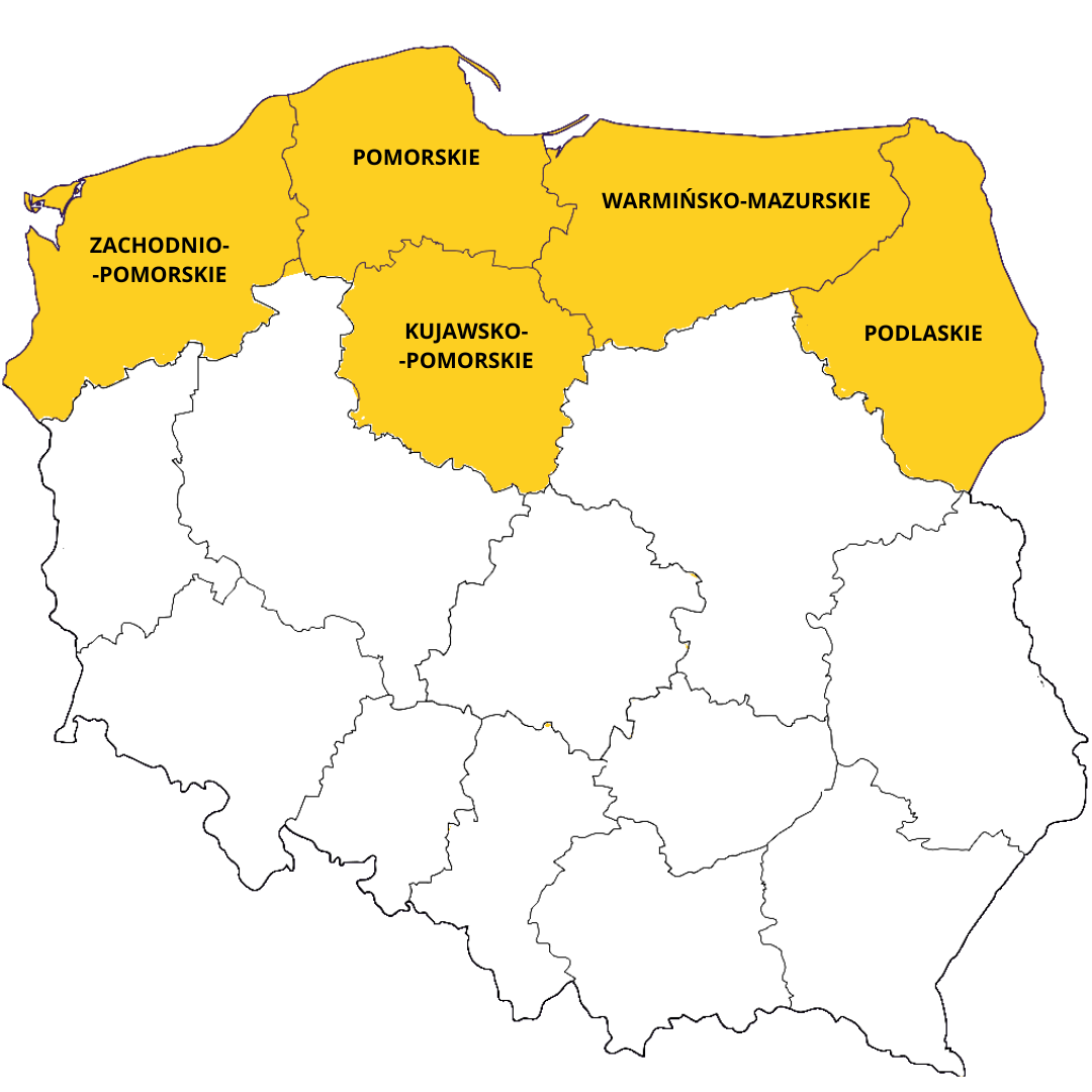 Mapa Polski z wyróżnionymi na żółto regionami: Pomorskie, Zachodniopomorskie, Kujawsko-Pomorskie, Warmińsko-Mazurskie i Podlaskie. Reszta kraju przedstawiona w białym kolorze.