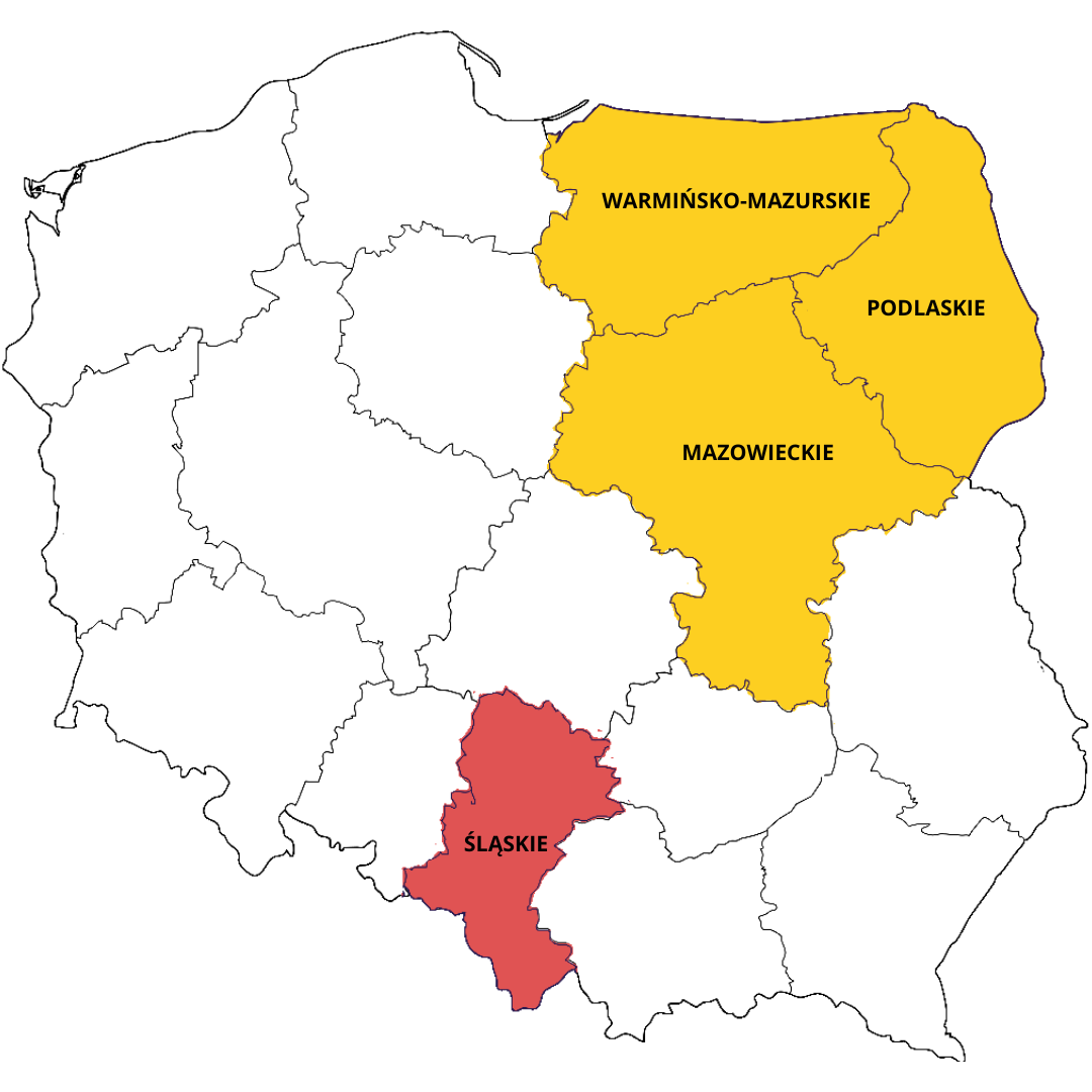 Mapa Polski z wyróżnionymi w kolorze żółtym województwami: Warmińsko-Mazurskim, Podlaskim i Mazowieckim, oraz w kolorze czerwonym województwem Śląskim. Pozostałe obszary są puste.