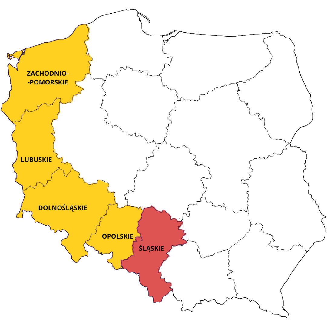 Mapa Polski z wyróżnionymi województwami: Śląskie w kolorze czerwonym oraz zachodniopomorskie, lubuskie, dolnośląskie i opolskie w kolorze żółtym.