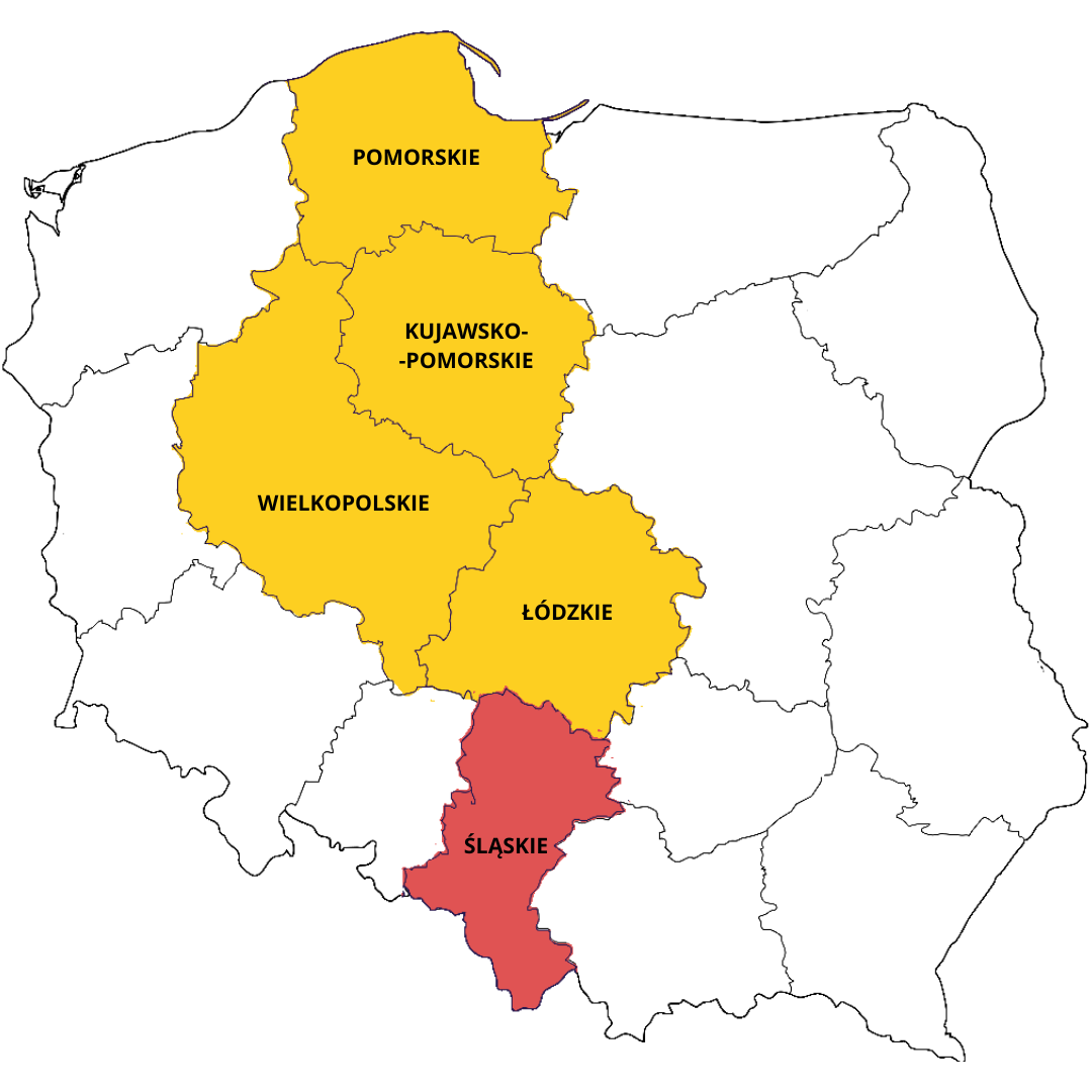 Mapa Polski z oznaczonymi województwami: w kolorze żółtym Pomorskie, Kujawsko-Pomorskie, Wielkopolskie i Łódzkie, a w kolorze czerwonym Śląskie.