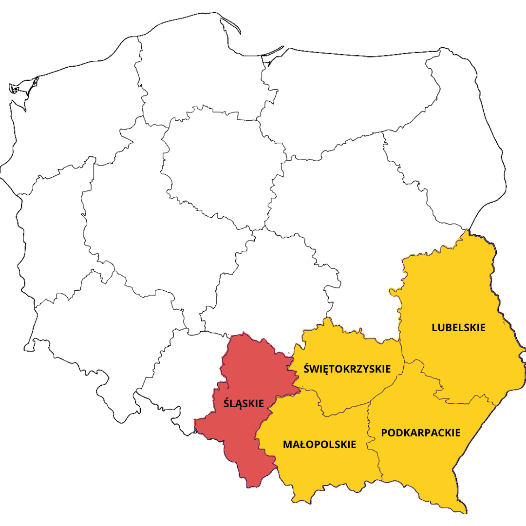 Mapa Polski z zaznaczonymi regionami: Śląskie w kolorze czerwonym oraz Świętokrzyskie, Małopolskie, Podkarpackie i Lubelskie w kolorze żółtym.