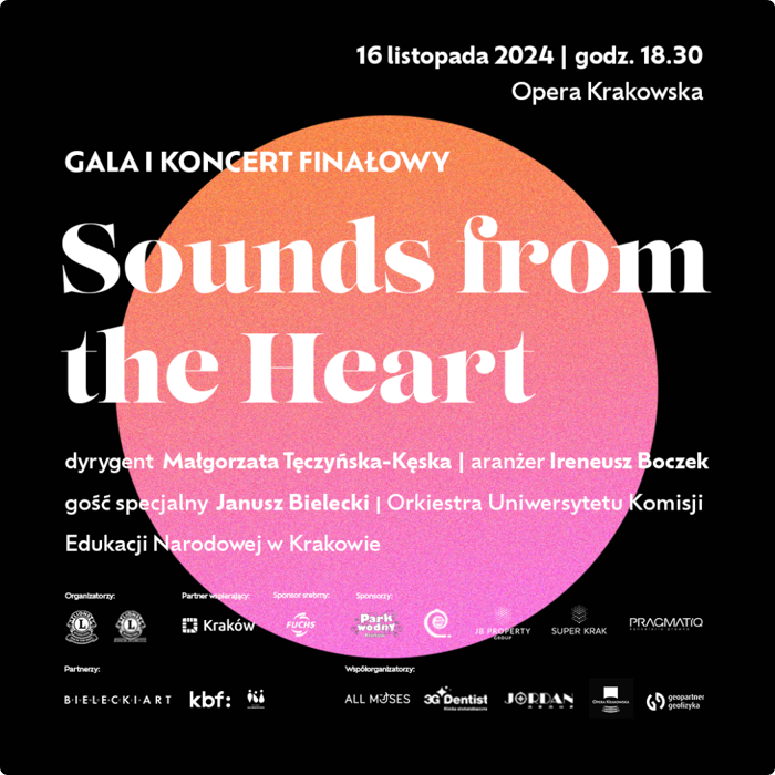 Plakat promujący galę i koncert finałowy "Sounds from the Heart", który odbędzie się 16 listopada 2024 roku o godzinie 18:30 w Operze Krakowskiej.